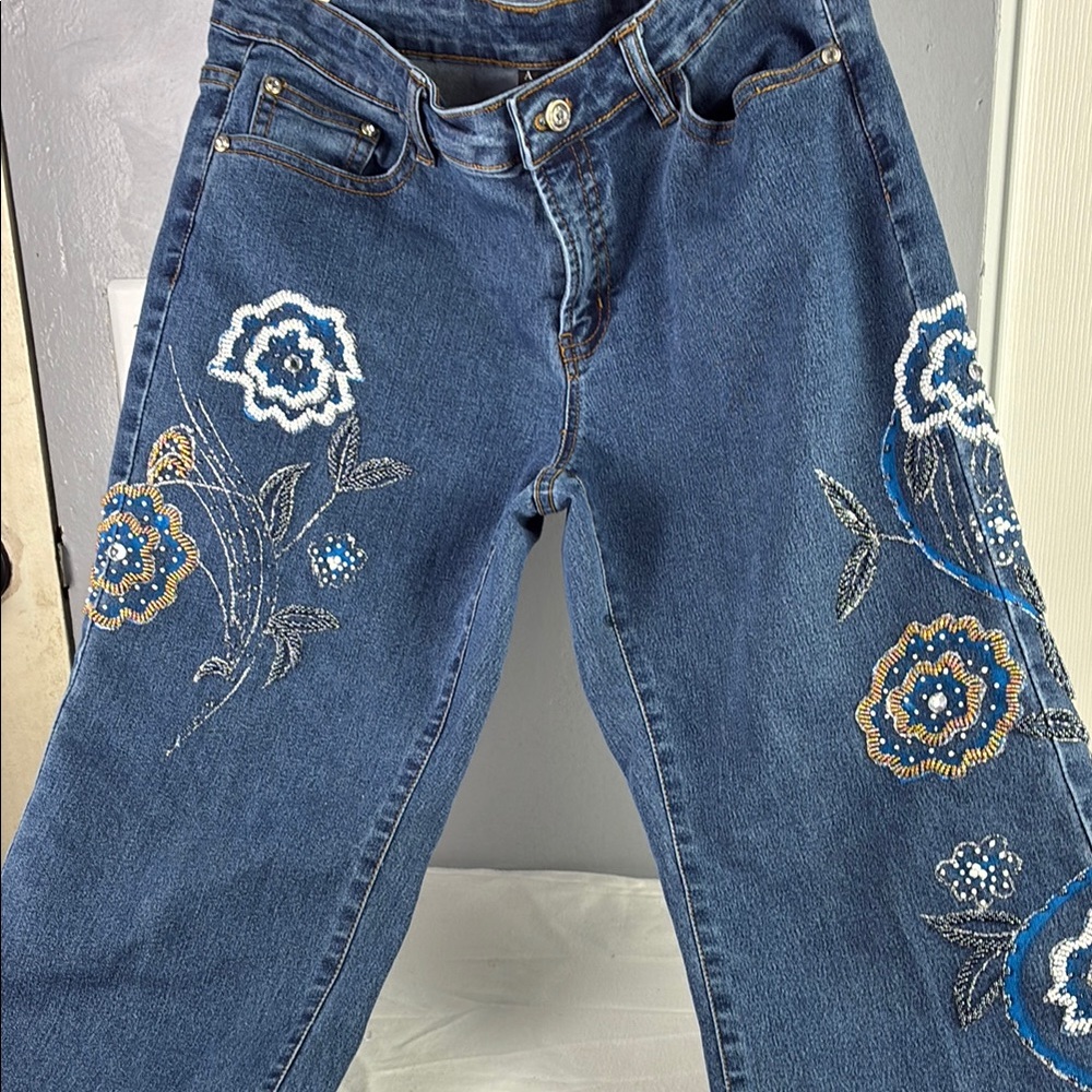 Floral Embroidered Blue Wide Leg Jeans
